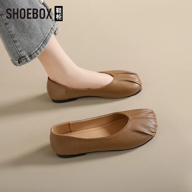 SHOEBOX鞋柜软底舒适浅口小皮鞋2025秋季百搭皮面一脚蹬平底女