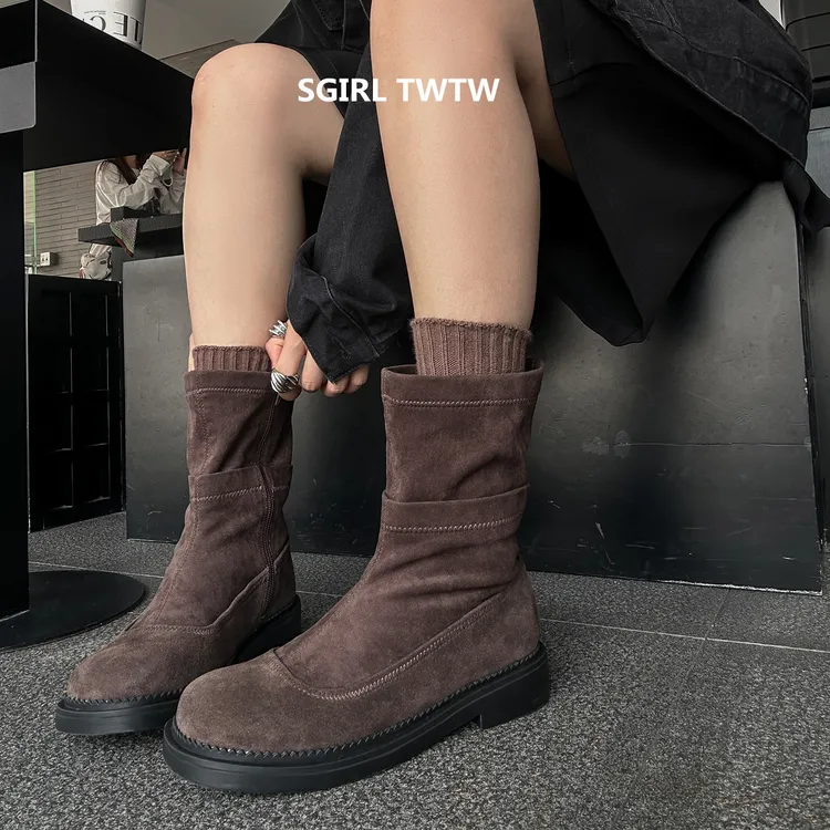 SGIRL TWTW2025年秋季新款真皮绒面平底侧拉链低筒短靴子时装靴女