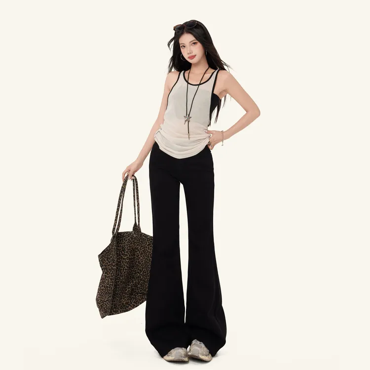 MNGRL 黑色低腰不贴腿微喇牛仔裤女修身显瘦辣妹喇叭裤高级拖地裤