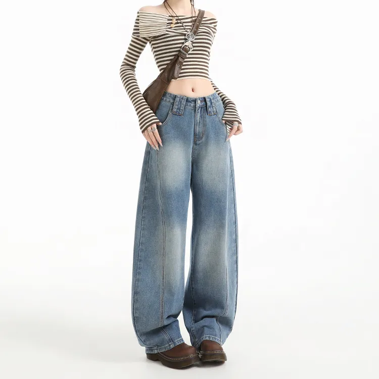 复古拼接阔腿弯刀牛仔裤女2025秋季新款慵懒风高腰显瘦宽松镰刀裤