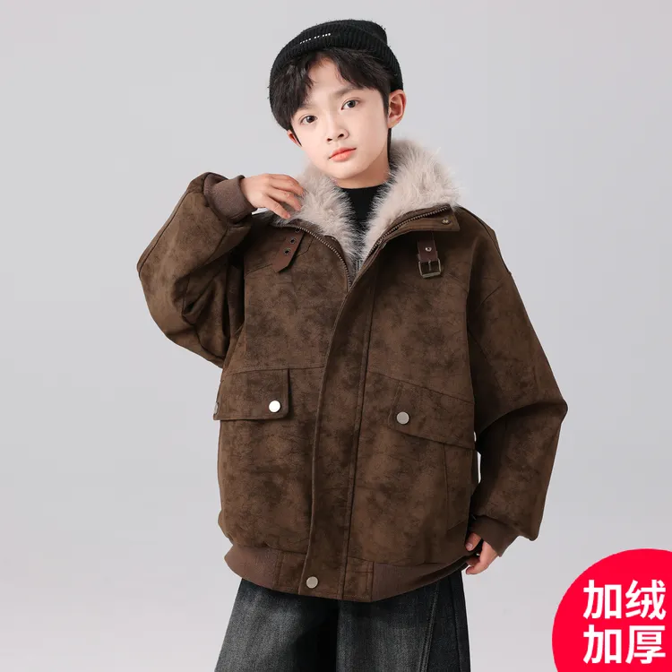 男童冬季复古加绒加厚皮毛棉服外套2025新款冬装中大童男孩棉夹克
