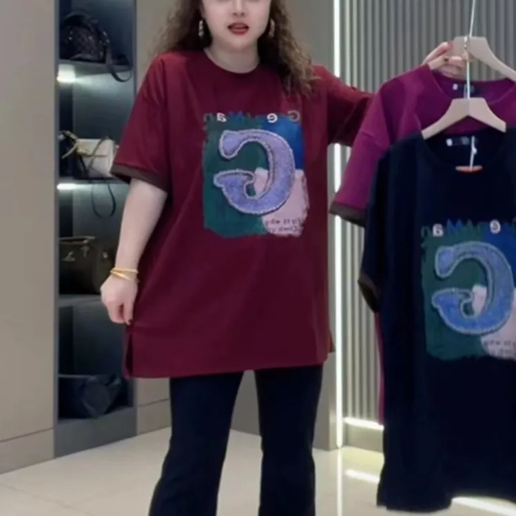 BB2608休闲印花减龄宽松大版圆领T恤中长款时尚春夏
