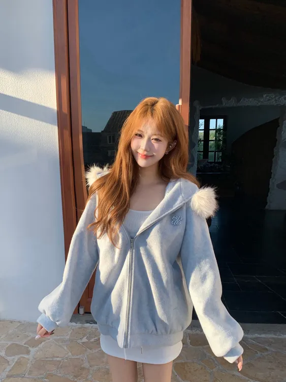 甜美连帽毛领毛呢子大衣夹棉加厚保暖秋冬季拉链高级感卫衣外套