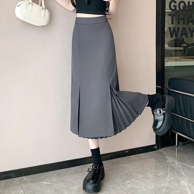 高级感西装半身裙女2025夏季新款压褶拼接设计感a字长裙简约时尚