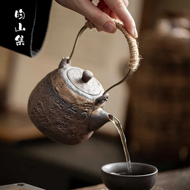 粗陶鎏金老式泡茶壶家用古法手工老岩泥心经提梁壶复古功夫泡茶器