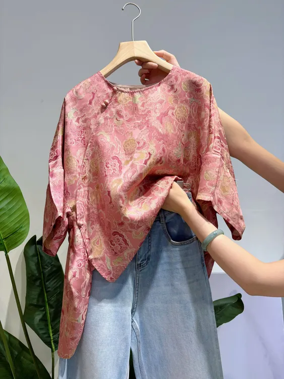 DY2719樱美嘉100桑蚕丝香云纱真丝花萝斜襟衬圆领7分袖太太服毛衫