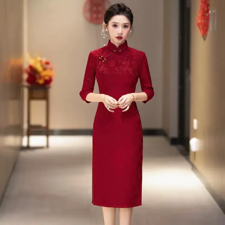 【多色可选】弹力针织提花工艺婚宴旗袍喜妈妈婆婆礼服修身显瘦HQ