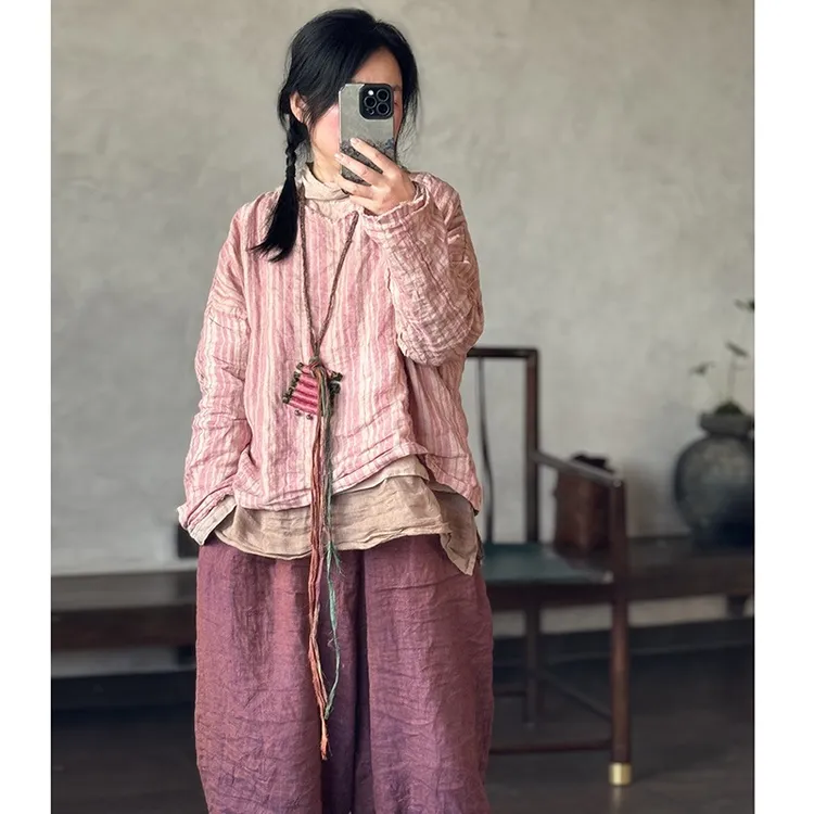 春秋季色织亚麻条纹外套百搭老钱风女装宽松休闲毛边亚麻上衣小衫