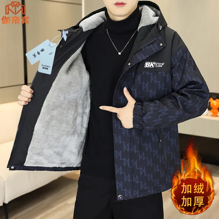新款冬季外套加绒加厚男生棉衣韩版休闲潮流夹克连帽上衣防寒保暖