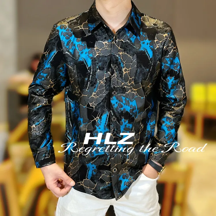 2025秋冬新款修身男士时尚休闲高品质冰裂纹路纽扣款翻领长袖衬衫