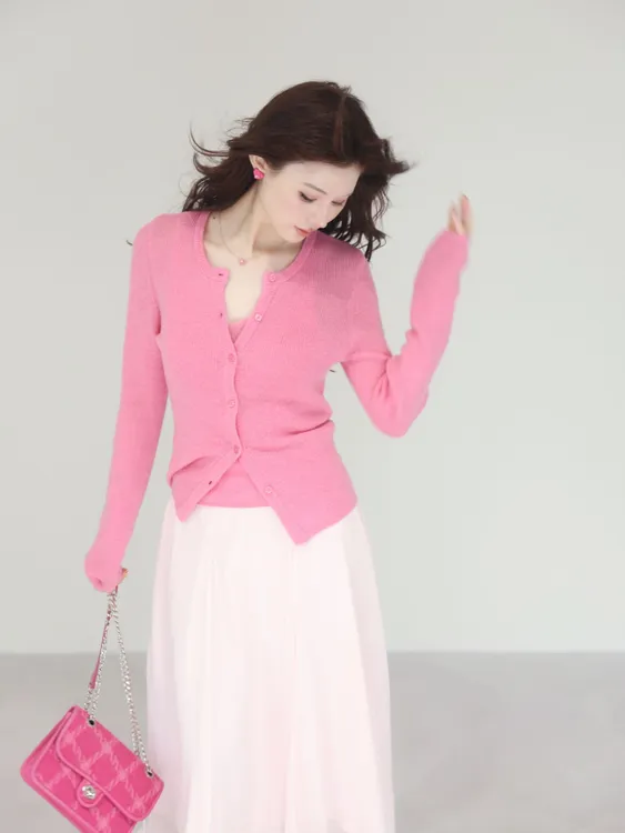 粉色长半裙美静在这XMZH9552上衣短款长袖毛衣