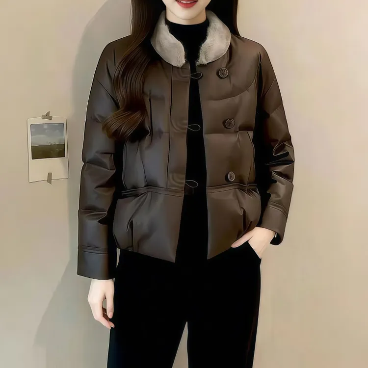 罗芬面料故事旗舰店女装冬季皮衣羽绒服/棉服搭针织衫搭加绒裤子