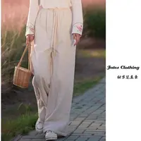 2023秋季新品秋冬加棉加厚亚麻宽松纯色显瘦中高腰复古文艺阔腿裤