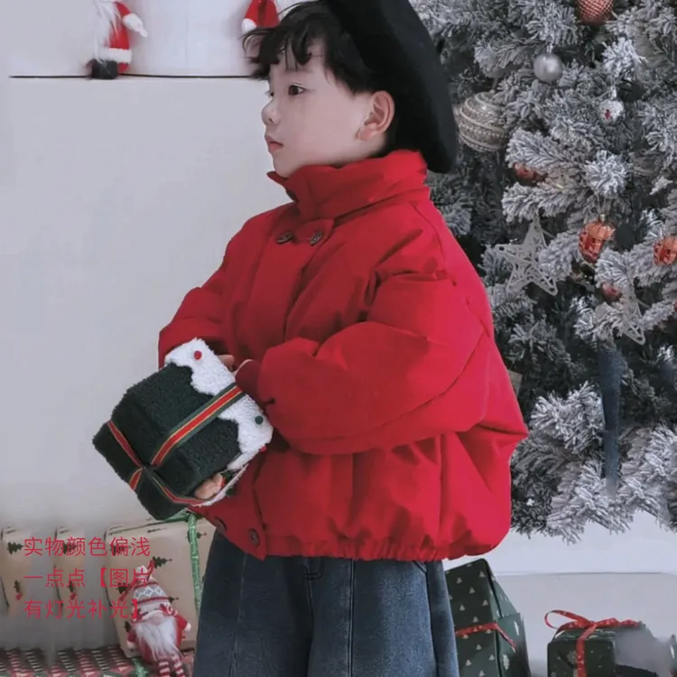 冬季新款红色年服夹棉加绒短款2025韩版男女宝中小童棉服洋气套装