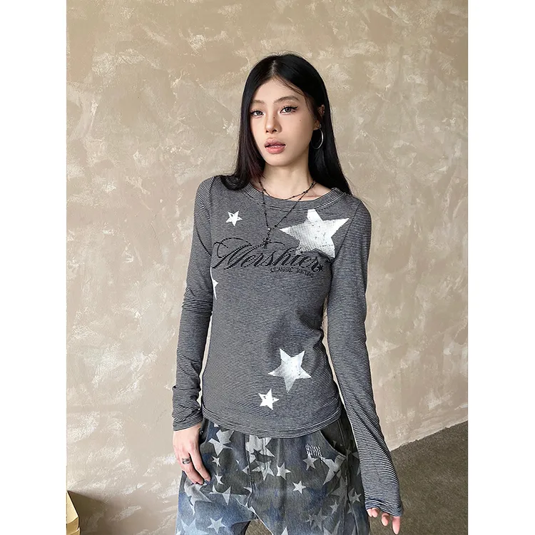 NOWANDHERE美式星星条纹长袖T恤辣妹修身显瘦打底衫古早感上衣