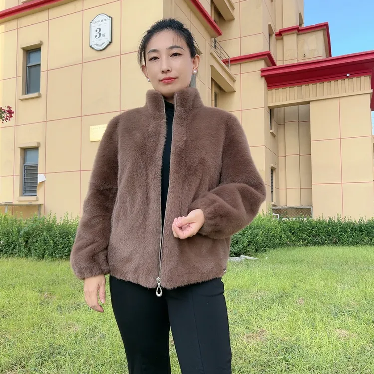 海宁立领大衣秋冬修身型冬季外套女装保暖女貂绒加厚