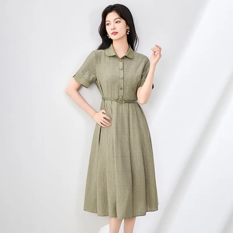 2507412高货通勤优雅提花翻领连衣裙大摆收腰显瘦中长压褶裙