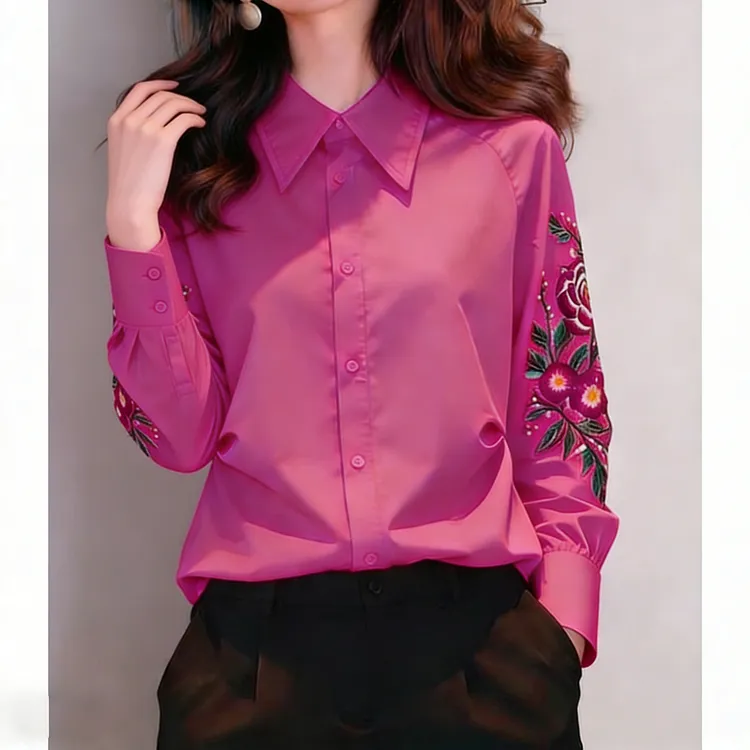 玫红色刺绣衬衫女2026早春新款设计感洋气减龄宽松显瘦打底衫上衣