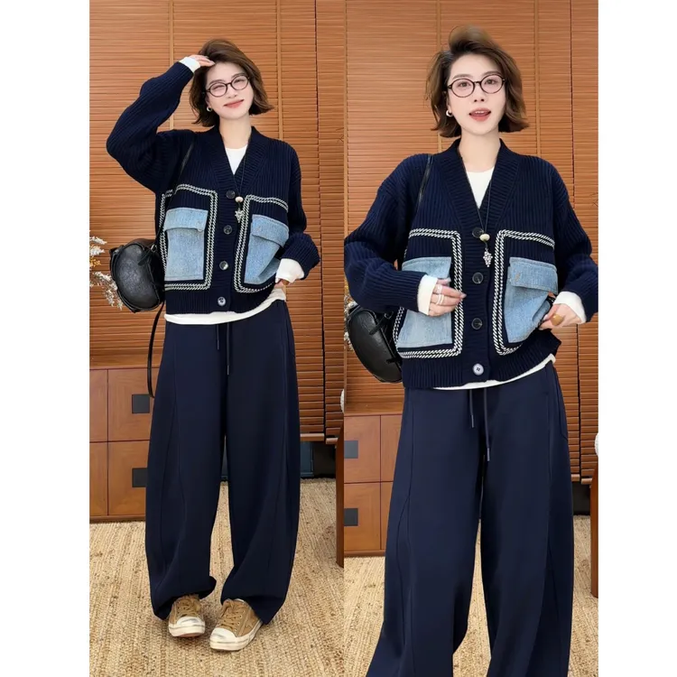 YYOUHAN 2025新款小众设计极简风牛仔口袋拼接针织开衫 2508C5102