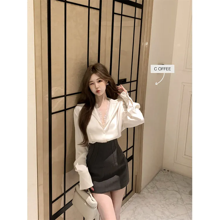 秋季新款辣妹蕾丝花边设计感长袖衬衫高级感鱼骨半身裙时尚两件套