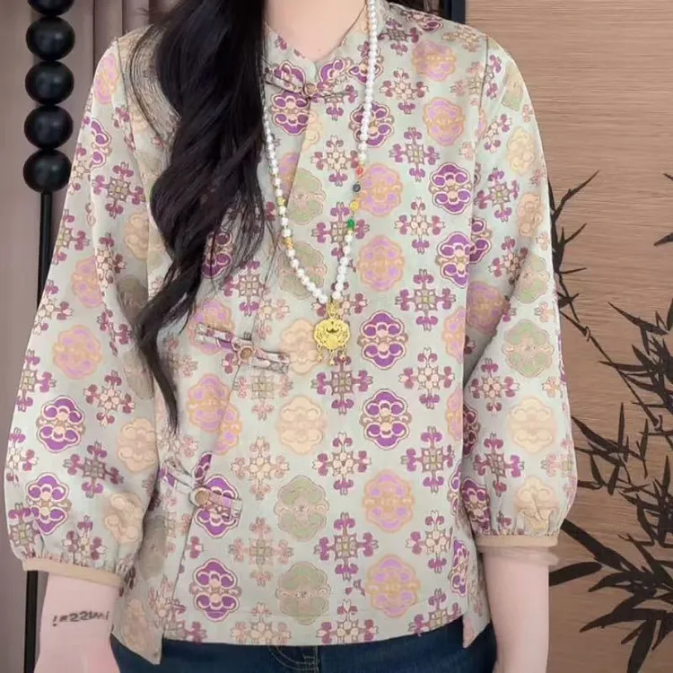 秋季新款新中式国风醋酸暗纹提花百搭洋气气质显瘦长袖上衣