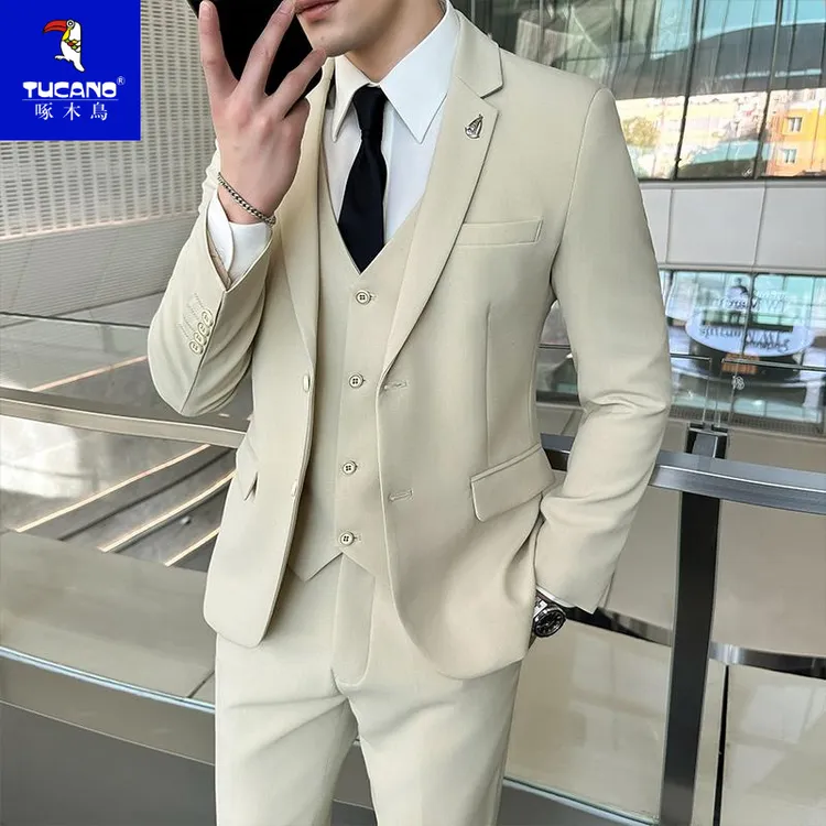 啄木鸟西服男套装韩版修身外套新郎结婚伴郎礼服商务正装休闲西装