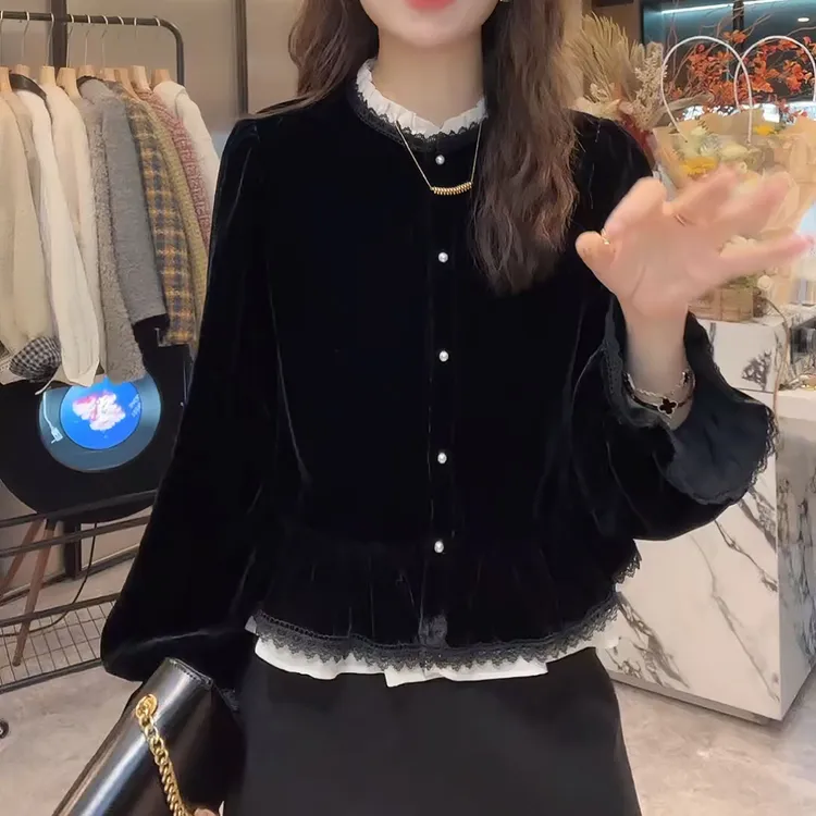 新款法式轻奢独特漂亮小衫秋季丝绒别致独特衬衫上衣LK2506795-1