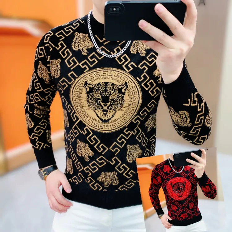 阿凯严选-欧货冬季新款男士针织天鹅绒修身圆领轻奢时尚百搭毛衣