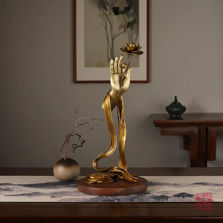 黄铜禅意摆件【手莲】客厅玄关高档莲花办公室佛像装饰工艺品