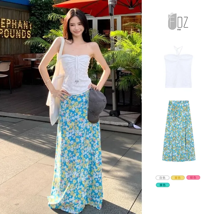 FMZ洋气风格套装法式炸街抹胸背心上衣女夏季蓝色碎花洋气衣服女