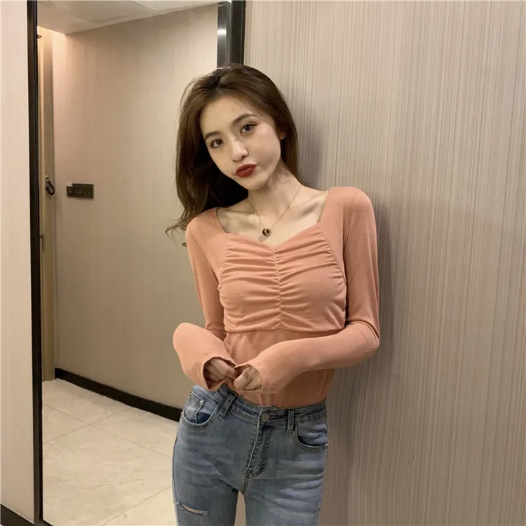 纯欲风设计感打底衫女早秋褶皱修身长袖T恤内搭带胸垫短款上衣冬 
