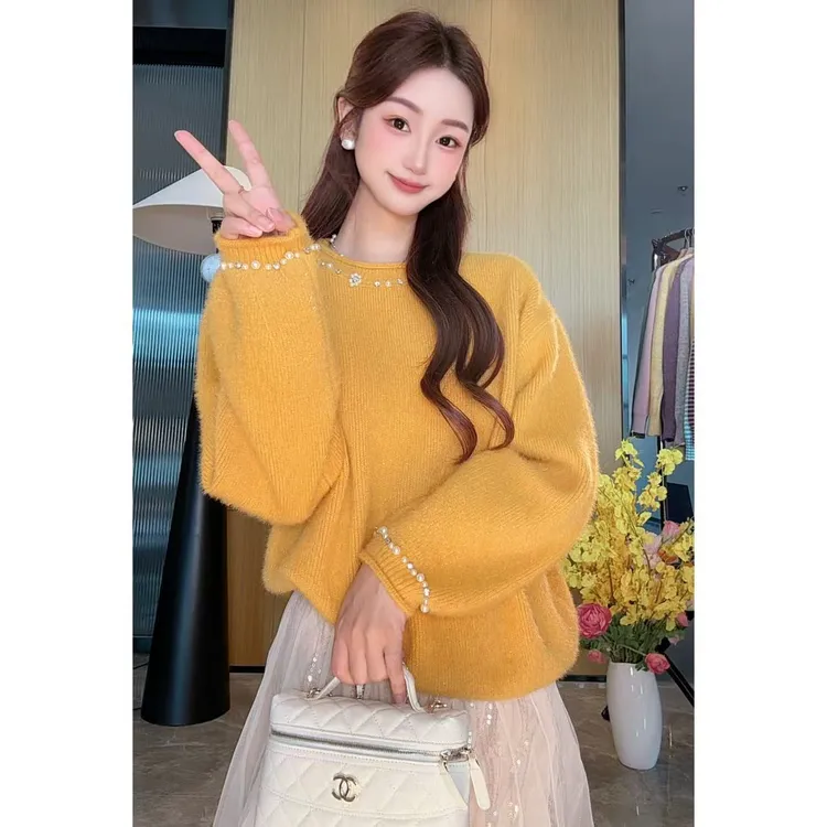 2263不起球秋冬慵懒针织圆领套头厚毛衣上衣打底珍珠袖口设计女