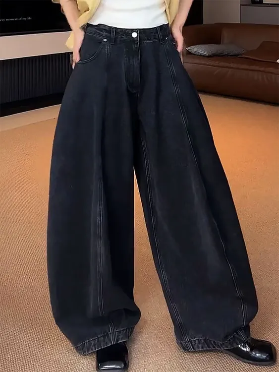 美式复古辣妹设计感做旧水洗黑弯刀廓形牛仔裤子女阔腿宽松弯刀裤