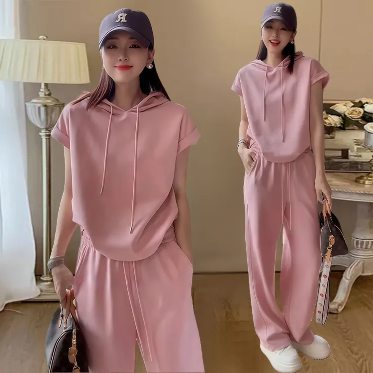 慵懒风休闲套装女2026年夏季新款宽松气质连帽短袖阔腿裤两件套潮