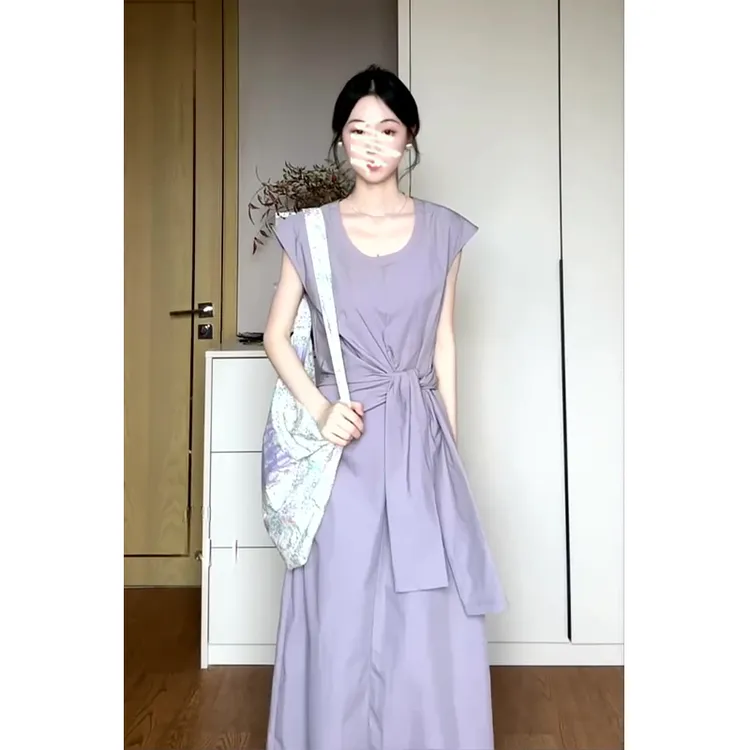 连衣裙2025夏季新款女法式气质收腰显瘦小飞袖绑带中长款开叉裙子