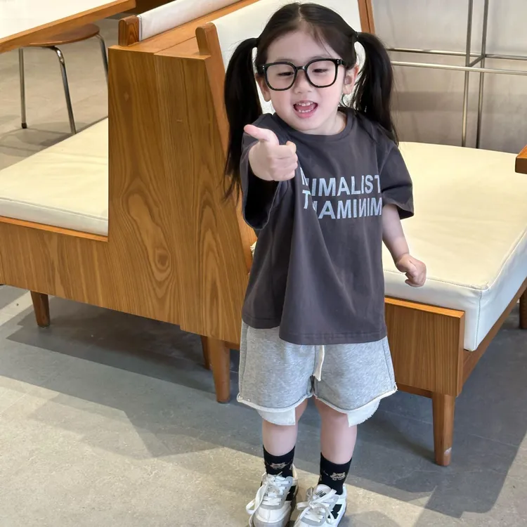 小惜亦夏季新款韩版童装深灰色字母短袖灰色短裤男女童潮酷套装