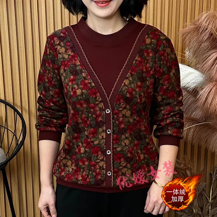 中老年女装秋冬花色加绒圆领假两件宽松显瘦洋气妈妈装长袖上衣