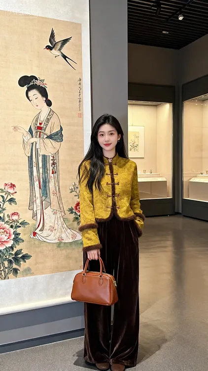 国风新中式拼接毛毛棉服短外套女秋冬新高端气质唐装上衣高级感