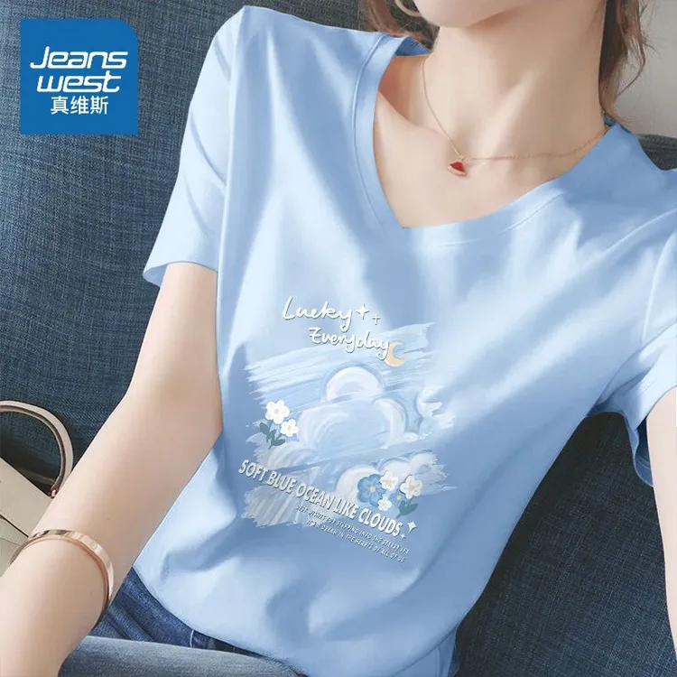 真维斯无界韩版纯棉天蓝色v领短袖t恤女夏季大码宽松休闲正肩百搭