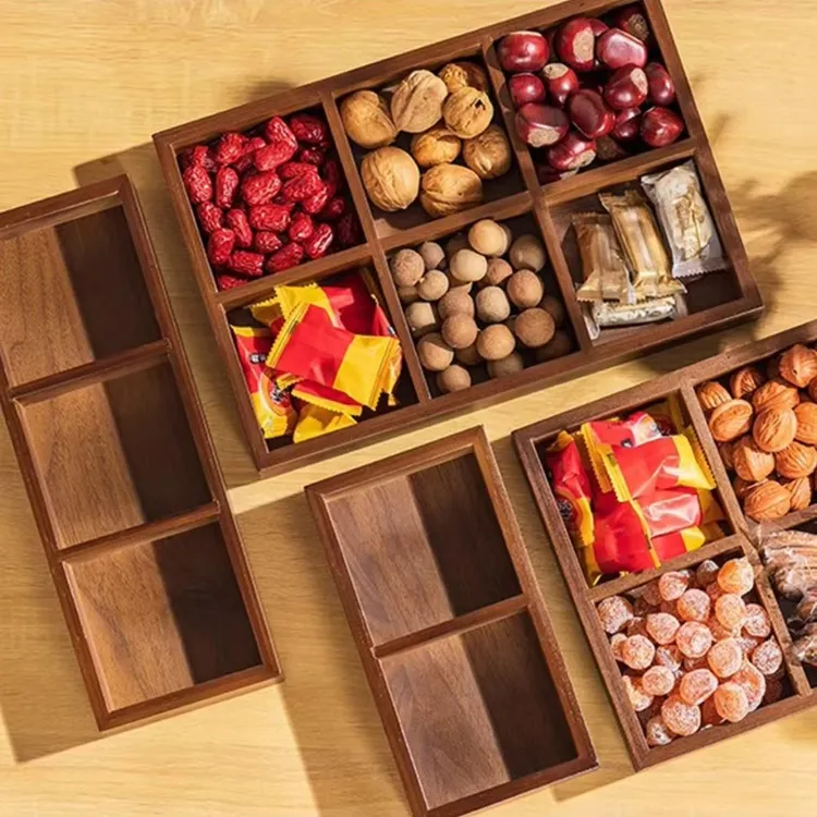 九宫格干果盘围炉煮茶托盘零食果盘四宫格竹木茶盘二宫格分格果盒