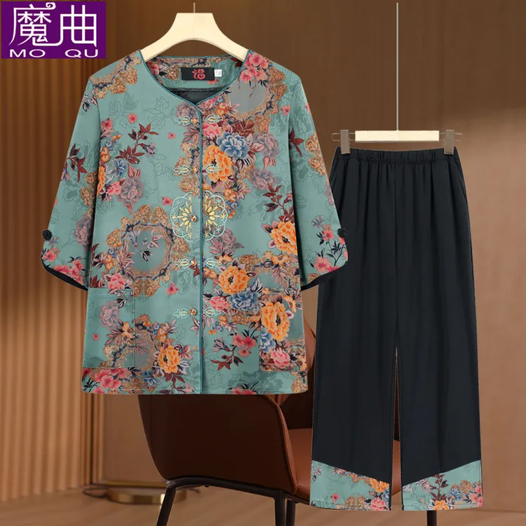常熟新中式新款夏装套装中老年女装妈妈中袖老太太老年人夏季衣服