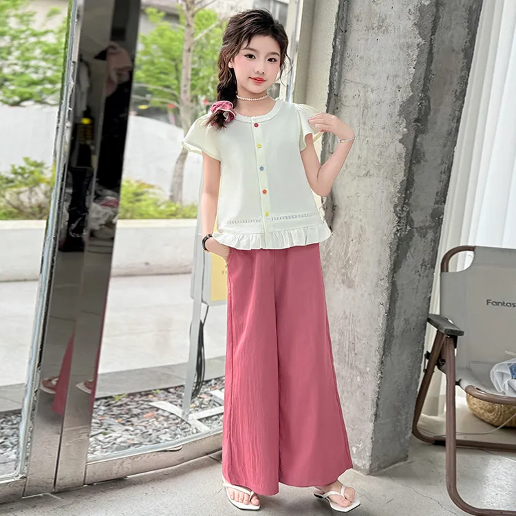 中大女童夏季套装2025新款6-12岁儿童休闲阔腿夏装两件套洋气时尚