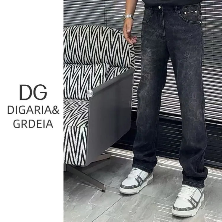DG迪嘎雅早秋新直筒牛仔裤043-12灰色男士烧花重工复古水洗牛仔裤