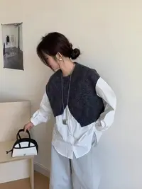 韩范小众高级感假两件拼接衬衫