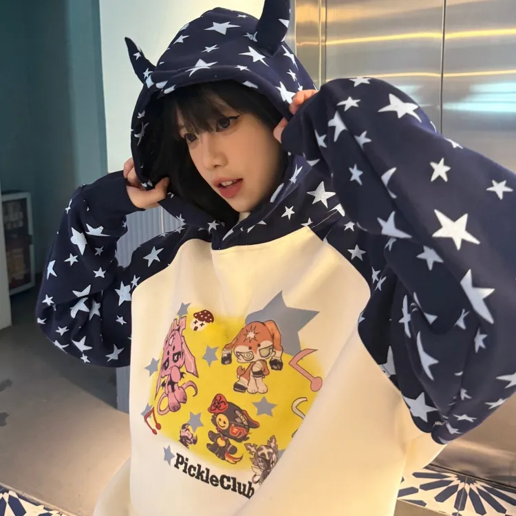 梁拌泡菜美式恶魔角星星连帽卫衣男女宽松潮牌情侣装休闲百搭上衣