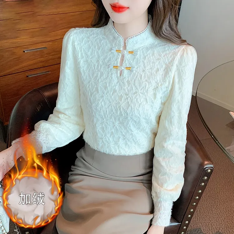 国风盘扣加绒蕾丝打底衫女2025秋季新款爆款保暖内搭小衫长袖上衣