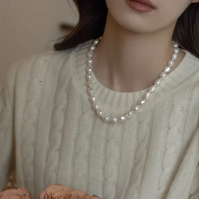 【晓荷】7/10mm「无核keshi」冷白有伴彩极强光微瑕不规则形珍珠项链