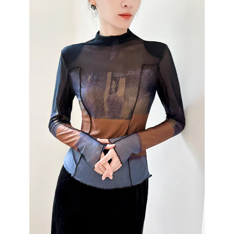x8186#时尚打底印花网纱防晒罩衫薄款冰丝T恤女2025秋新款上衣
