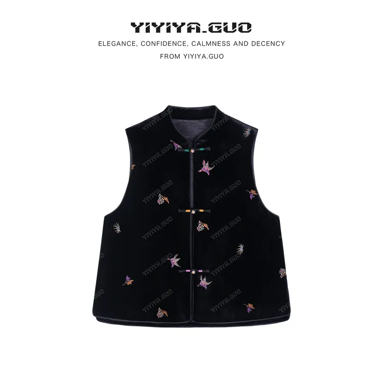 yiyiya.Guo艺艺吖秋冬新款立领喜鹊刺绣盘扣开襟马甲2883SS52