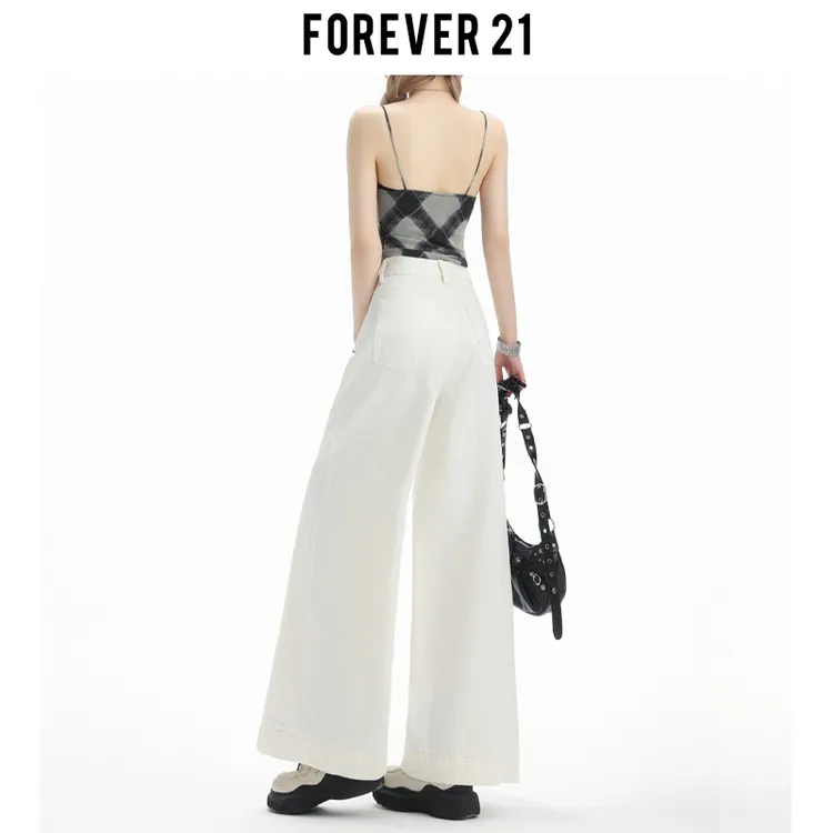 Forever 21美式杏色宽松直筒牛仔裤女夏小个子高腰宽松阔腿九分裤